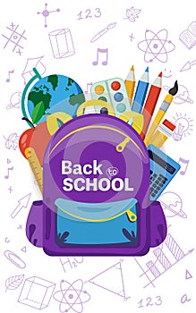 Back to School Sale concept. Welcome to school poster template with Bright school bacpack and other school stuff.