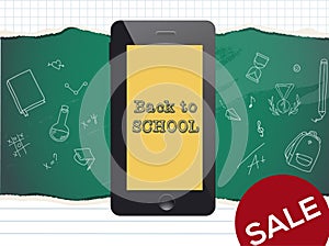 Back to school sale design. Mobile phone and doodles