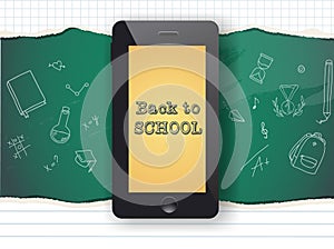 Back to school sale design. Mobile phone and doodles