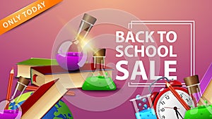 Back to school sale, discount banner with school supplies decor, books and chemical flasks