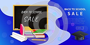 Back to school sale discount web banner for your business or retail marketing promotion with chalkboard, stack of books
