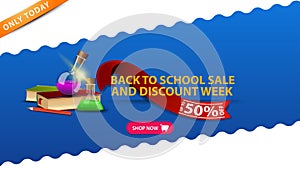 Back to school sale and discount week, blue banner with books and chemical flasks