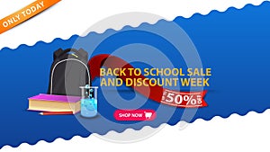 Back to school sale and discount week, blue banner with school backpack, a book and a chemical flask