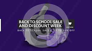 Back to school sale and discount week, blue horizontal discount banner with microscope, books and chemical flask