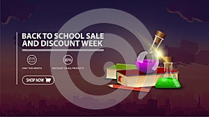 Back to school sale and discount week, discount banner with city on background, books and chemical flasks