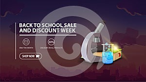 Back to school sale and discount week, discount banner with city on background, microscope, books and chemical flask