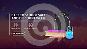 Back to school sale and discount week, discount banner with city on background, school backpack, a book and a chemical flask