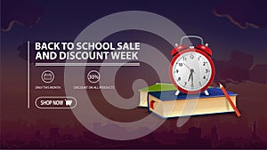 Back to school sale and discount week, discount banner with city on background, school books and alarm clock