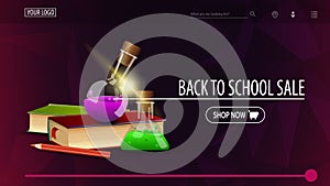 Back to school sale and discount week, purple discount banner with polygonal texture, books and chemical flasks