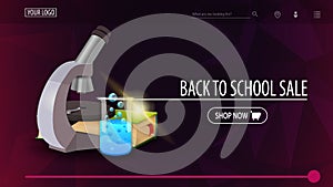 Back to school sale and discount week, purple discount banner with polygonal texture, microscope, books and chemical flask