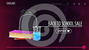 Back to school sale and discount week, purple discount banner with polygonal texture, school backpack, a book and a chemical flask