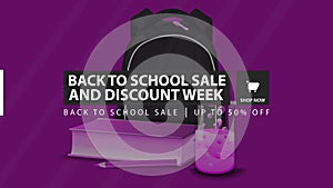 Back to school sale and discount week, purple horizontal discount banner with school backpack, a book and a chemical flask