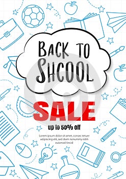 Back to school sale in doodle style background. Education hand drawn objects and symbols banner