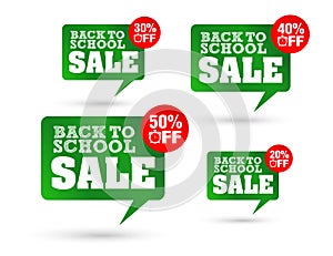 Back to school sale, green speech bubble. Sale 20%, 30%, 40%, 50% off discount