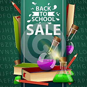 Back to school sale, green web banner with books and chemical flasks
