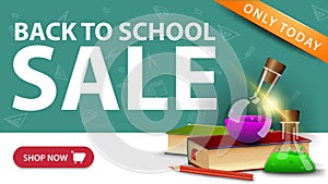 Back to school sale, modern discount banner with button, books and chemical flasks