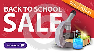 Back to school sale, modern discount banner with button, microscope, books and chemical flask