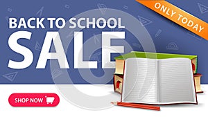 Back to school sale, modern discount banner with button, school textbooks and notebook