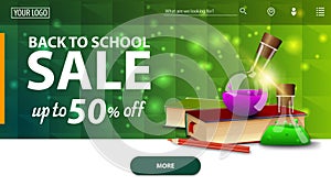 Back to school sale, modern green horizontal web banner with books and chemical flasks