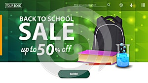 Back to school sale, modern green horizontal web banner with school backpack, a book and a chemical flask