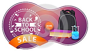 Back to school sale, modern pink discount banner with school backpack, a book and a chemical flask