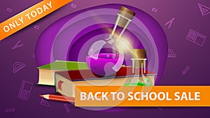 Back to school sale, modern purple discount banner in paper cut shapes with books and chemical flasks