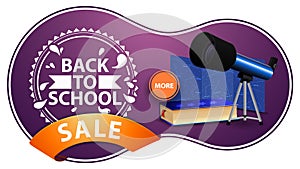 Back to school sale, modern purple discount banner with telescope, map of the constellations and the encyclopedia of astronomy