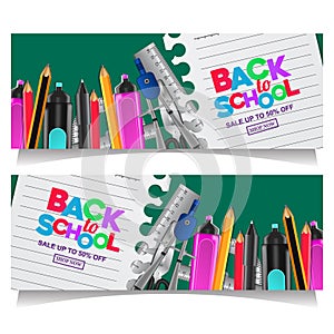 Back to school sale offer discount banner template with stationary and green chalkboard