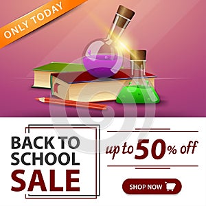 Back to school sale, pink banner with books and chemical flasks