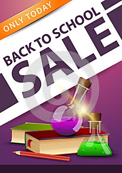 Back to school sale, pink vertical discount banner with books and chemical flasks