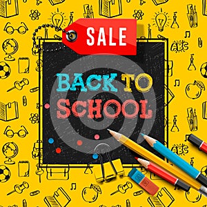 Back to school sale poster and banner with colorful title and elements in black and yellow background for retail