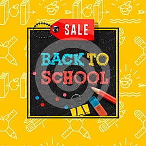 Back to school sale poster and banner with colorful title and elements in black and yellow background for retail