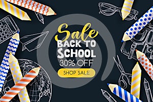 Back to school sale poster, banner design template. Vector 3d illustration of pencils and sketch school supplies