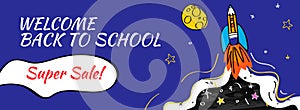 Back to school Sale with rocket and doodles horizontal background. Vector illustration for banners invitation poster and