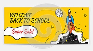 Back to school Sale with rocket and doodles horizontal background. Vector illustration for banners invitation poster and