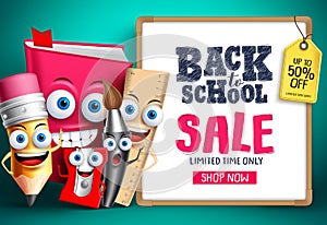Back to school sale with school vector characters. Education items mascots happy showing whiteboard