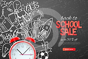 Back to school sale template. Realistic red alarm clock on doodle school background, vector illustration.