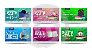 Back to school sale, up to 50% off, large collection colorful discount banners for your business with buttons