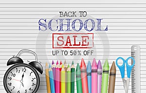 Back to school SALE upto 50 % off text on white note paper with school supplies for discount promotion. Vector illustration