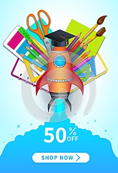 Back to school sale vector banner with 50 percent discount off offer, colorful 3d realistic school supplies and shop now button