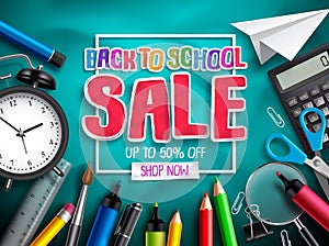 Back to school sale vector banner design for discount promotion with school supplies