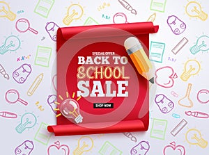 Back to school sale vector banner design. School special offer text in red space with educational supplies doodle background.