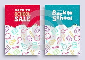 Back to school sale vector poster design. School promo discount text in doodle background.