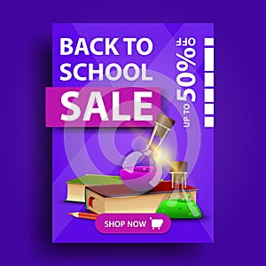 Back to school sale, vertical discount banner with books and chemical flasks