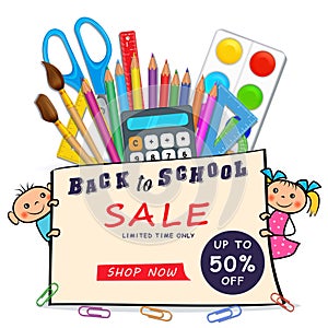 Back to school sale web banner with realistic supplies, doodle boy and girl children isolated on white background