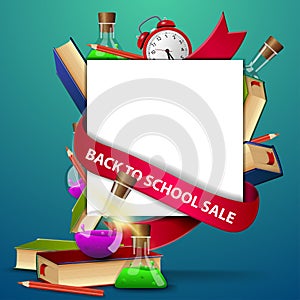 Back to school sale, web banner template with books and chemical flasks
