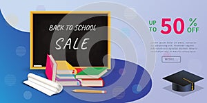 Back to school sale web banner with up to 50% discount off on chalkboard with stack of books, pencil and graduation cap.