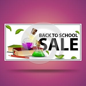 Back to school sale, white discount banner with books and chemical flasks