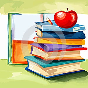 Back to school, School books on the desk. Vector. Watercolor vector