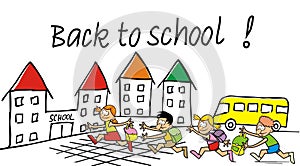 Back to school, school children with bags running to school